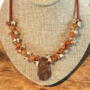 Vintage Carnelian Bead Necklace with Teardrop Agate Pendant Hook Close Ethnic